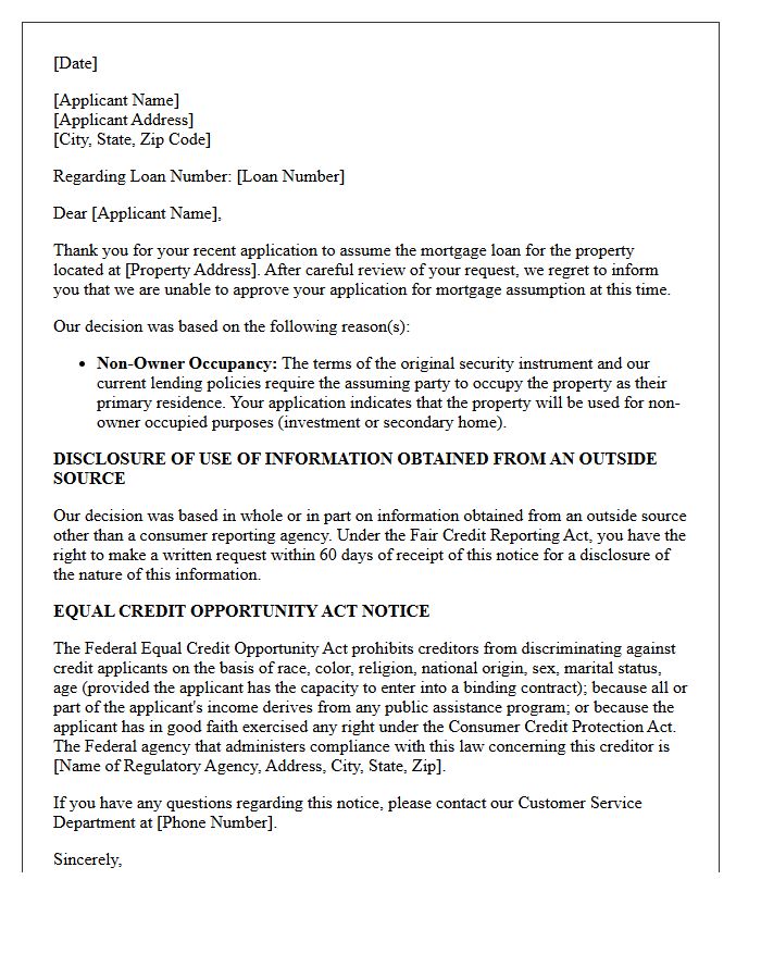 Non-Owner Occupancy Mortgage Assumption Denial Adverse Action Letter