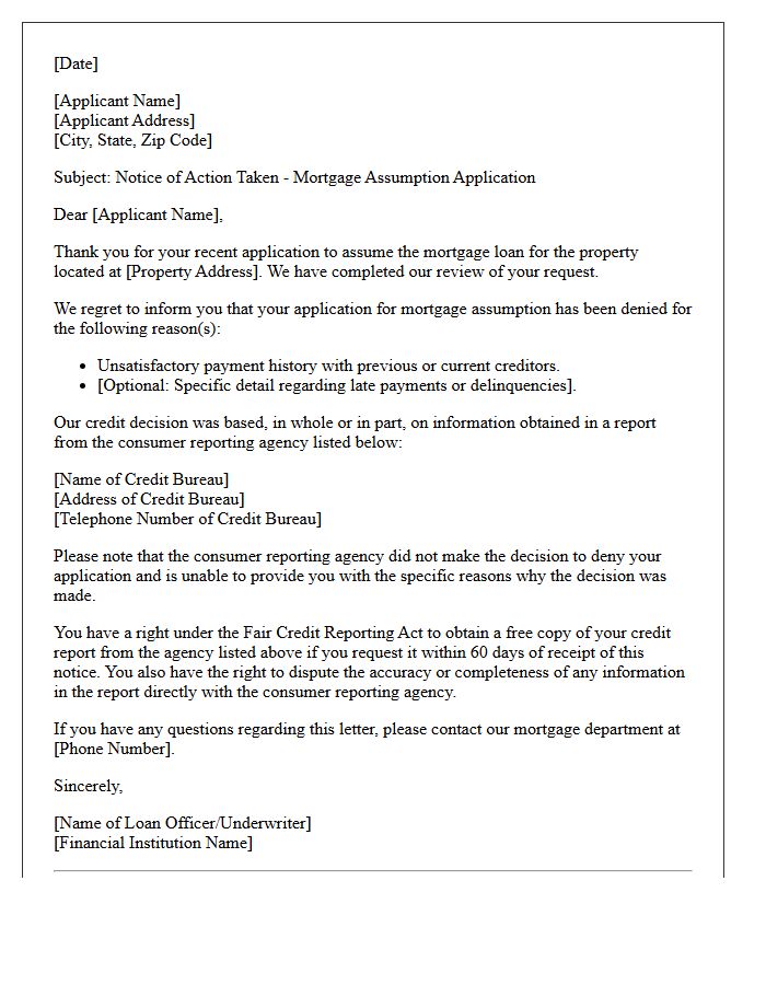 Unsatisfactory Payment History Adverse Action Letter for Mortgage Assumption