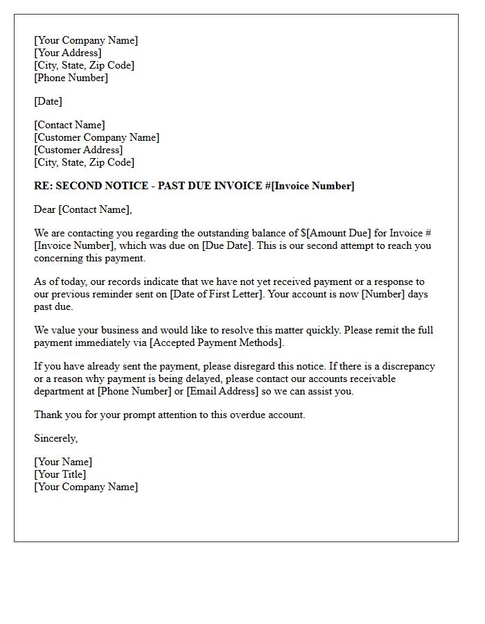 Second Collection Letter for Past Due Commercial Invoice