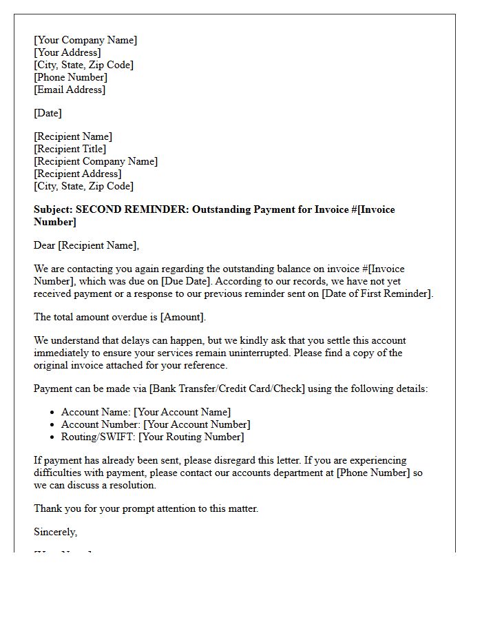 Second Reminder Letter for Outstanding Commercial Invoice