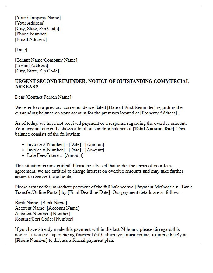 Urgent Second Reminder Letter for Commercial Arrears