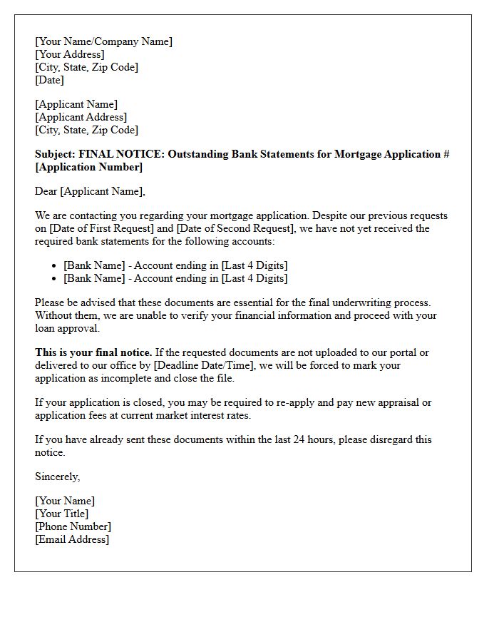 Final Notice Letter: Missing Bank Statements for Mortgage Application