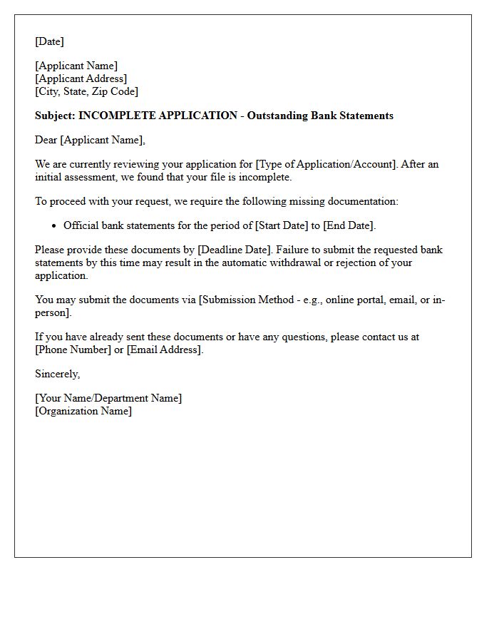 Incomplete Application Warning Letter: Bank Statements Outstanding