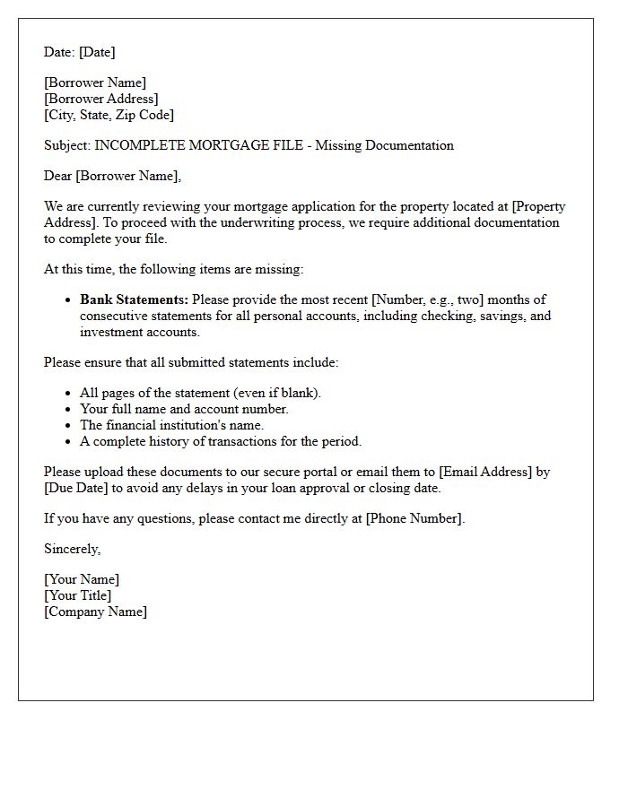 Incomplete Mortgage File Letter: Missing Bank Statements