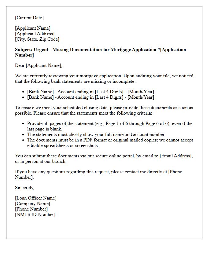 Missing Bank Statements Notification Letter for Mortgage Applicants