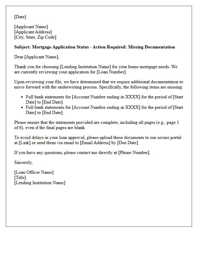 Mortgage Application Status Letter: Missing Bank Statements