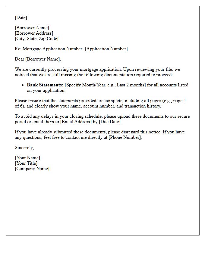 Mortgage Documentation Reminder Letter: Missing Bank Statements