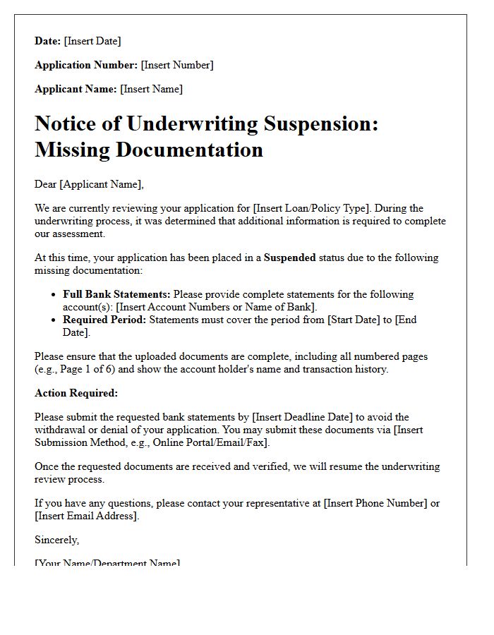 Underwriting Suspension Letter: Missing Bank Statements
