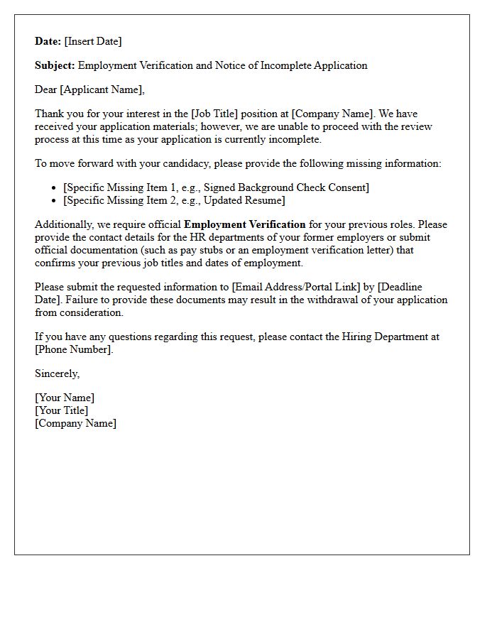 Employment Verification Request and Incomplete Application Letter