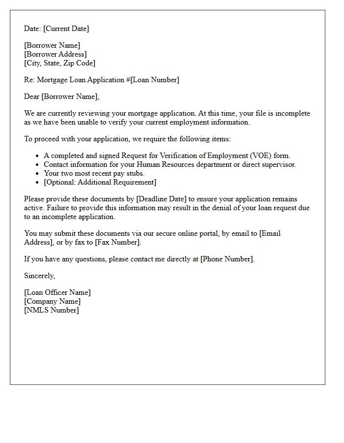 Incomplete Mortgage File Letter Regarding Unverified Employment