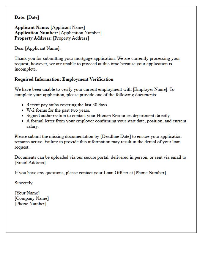 Letter of Incomplete Mortgage Application for Unverified Employment