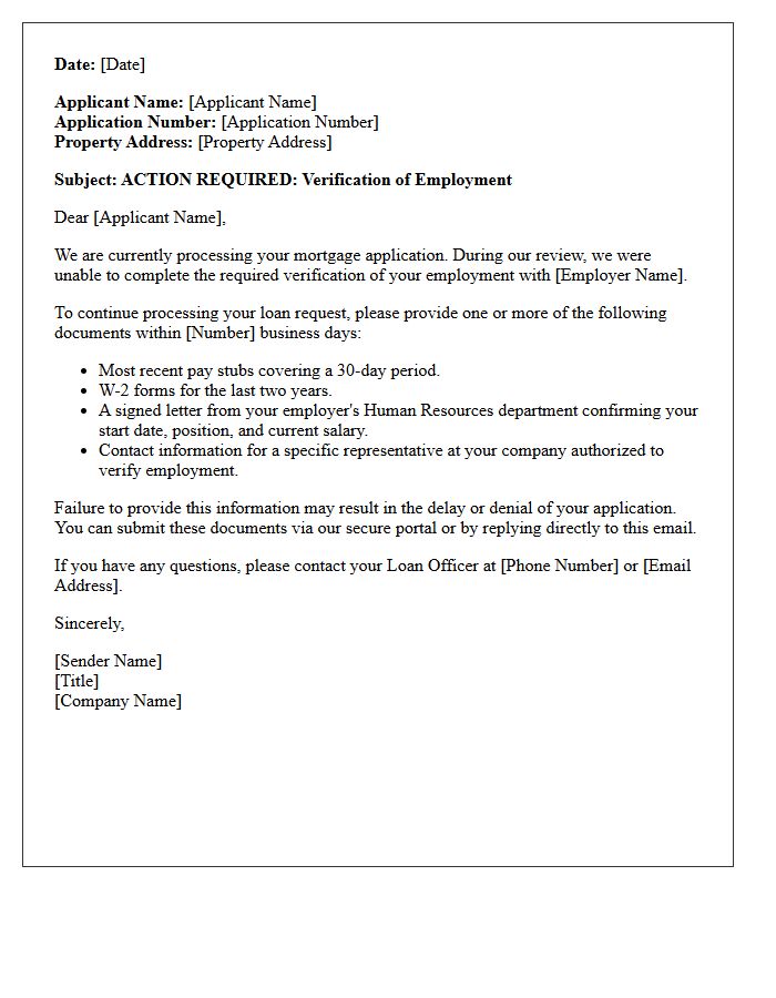 Mortgage Application Action Letter for Unverified Employment