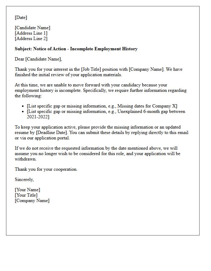 Notice of Action Letter for Incomplete Employment History