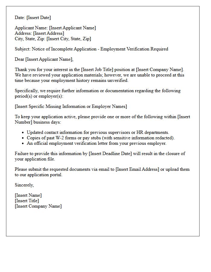 Notice of Incomplete Application Letter Regarding Unverified Employment History