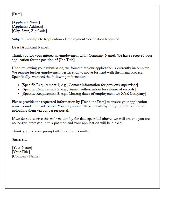 Required Employment Verification Incomplete Application Letter