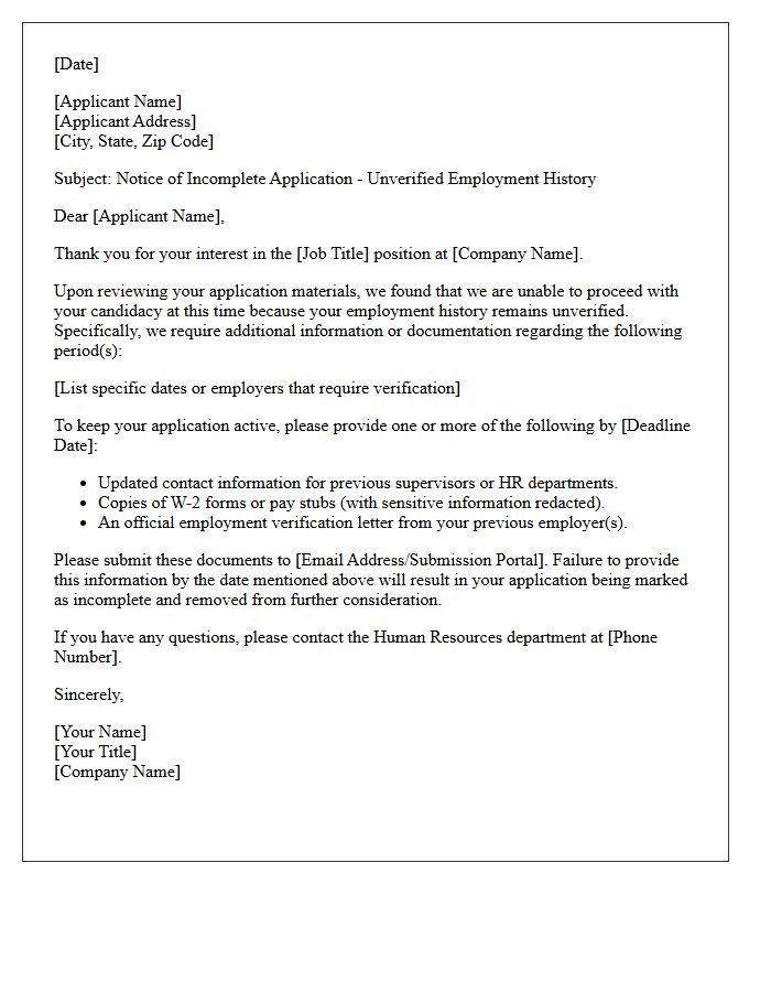 Unverified Employment History Notice of Incomplete Application Letter