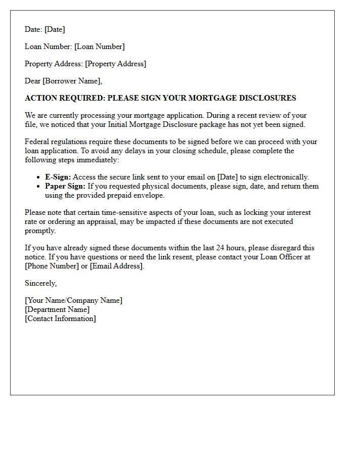 Action Required Letter for Unsigned Initial Mortgage Disclosures