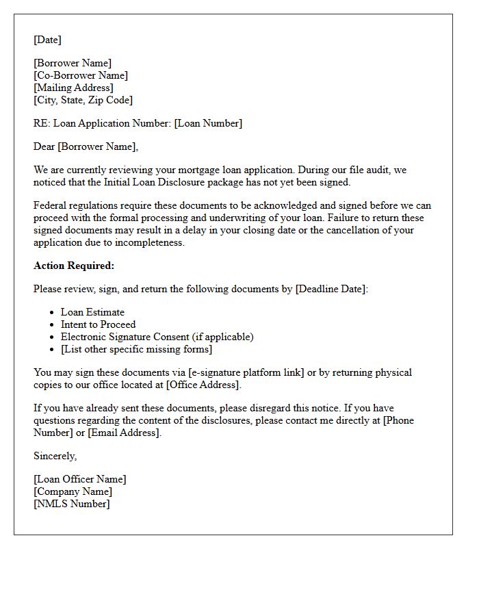 Incomplete Mortgage File Letter Regarding Unsigned Initial Loan Disclosures