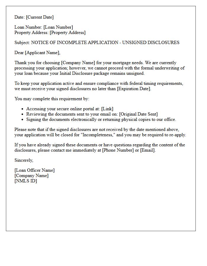 Mortgage Loan Incomplete Status Letter for Unsigned Initial Disclosures