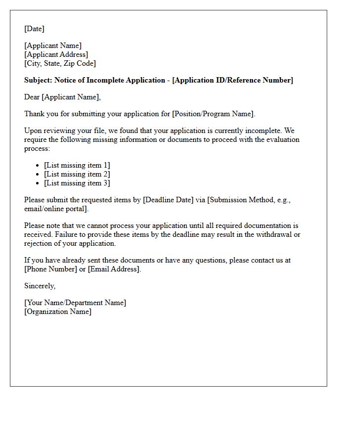 Notice of Incomplete Application Letter