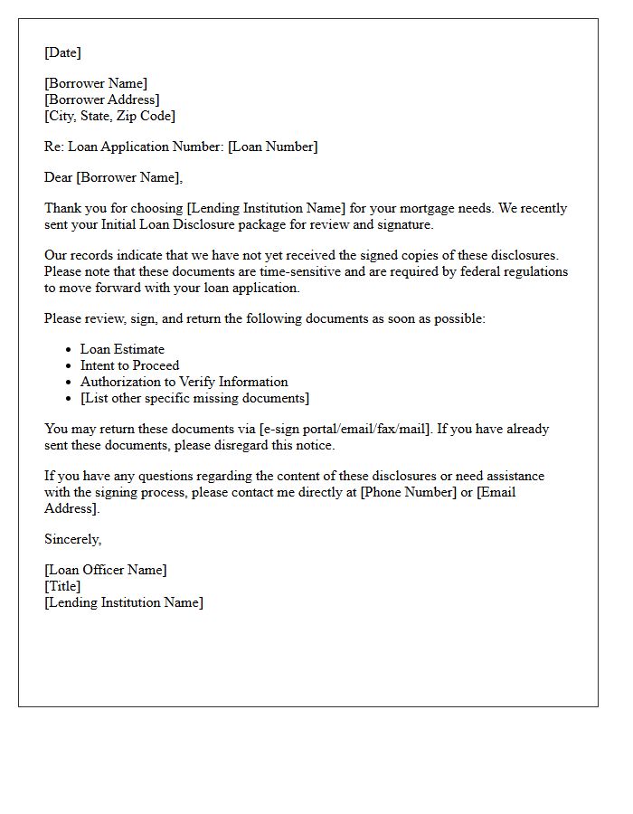 Unsigned Initial Loan Disclosures Letter