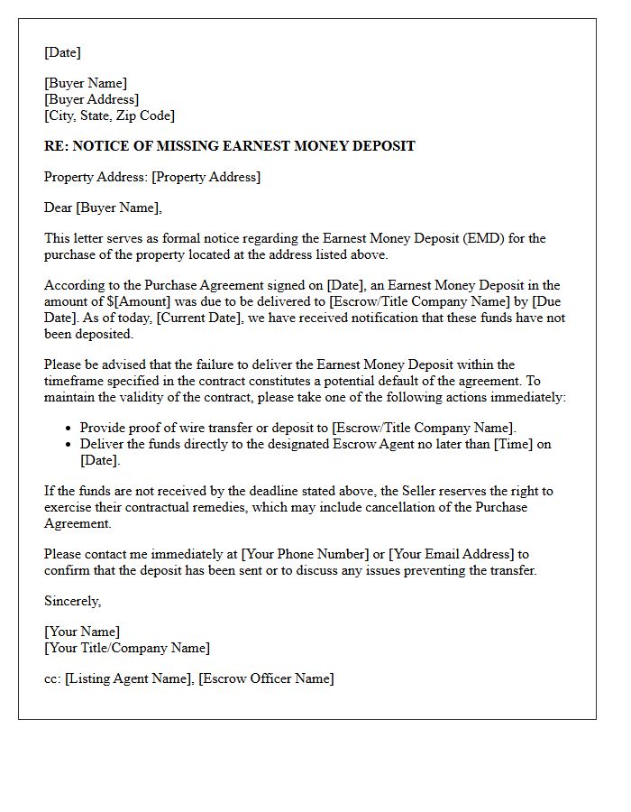 Action Required Missing Earnest Money Deposit Letter