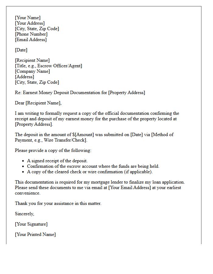Earnest Money Deposit Documentation Request Letter