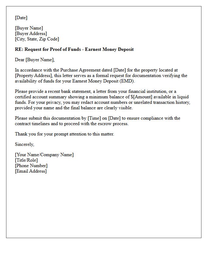 Earnest Money Deposit Proof of Funds Request Letter