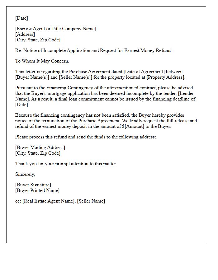 Incomplete Mortgage Application Earnest Money Letter