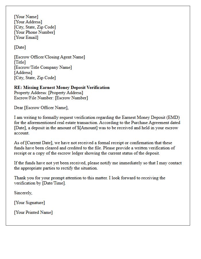 Missing Earnest Money Deposit Verification Request Letter