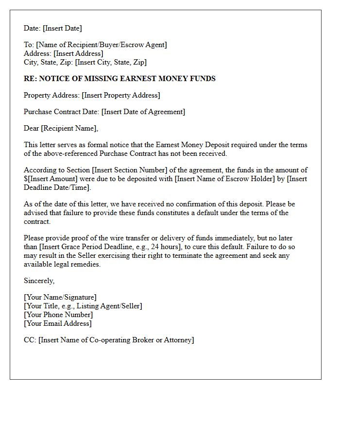 Notice of Missing Earnest Money Funds Letter