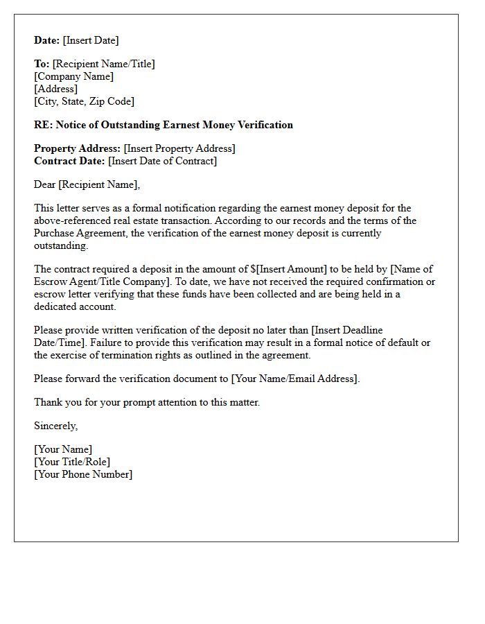 Notice of Outstanding Earnest Money Verification Letter