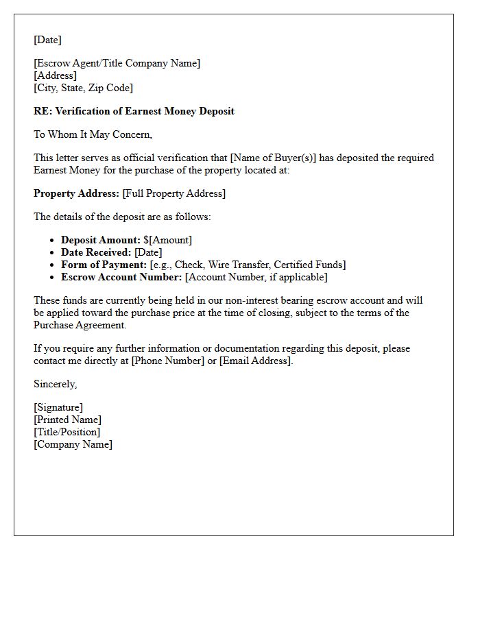 Required Earnest Money Deposit Verification Letter