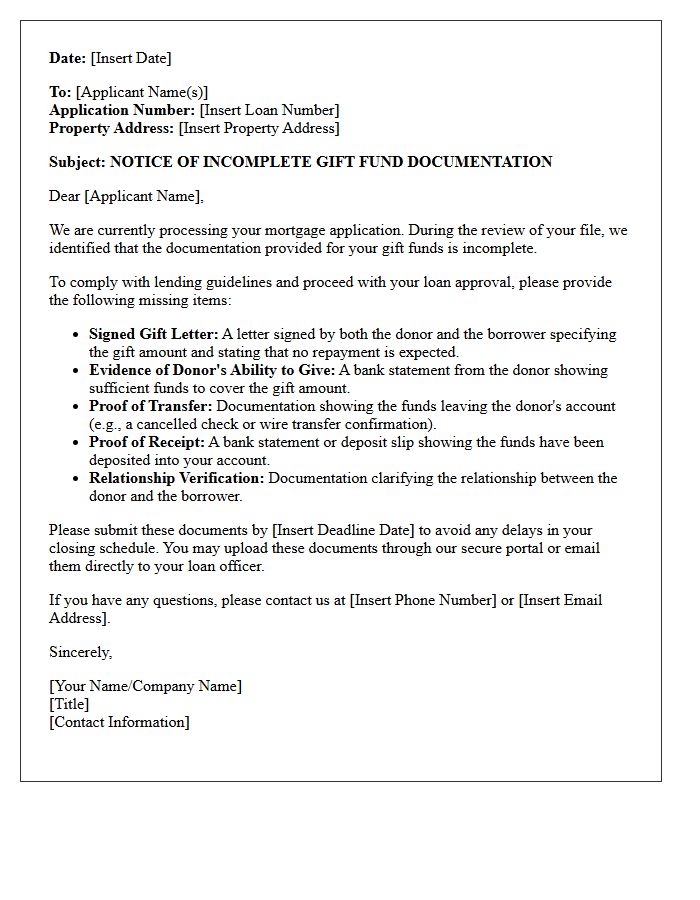 Incomplete Gift Fund Documentation Notice Letter
