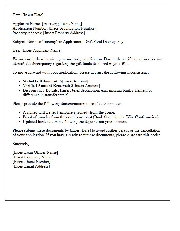 Incomplete Mortgage Application Gift Fund Discrepancy Letter