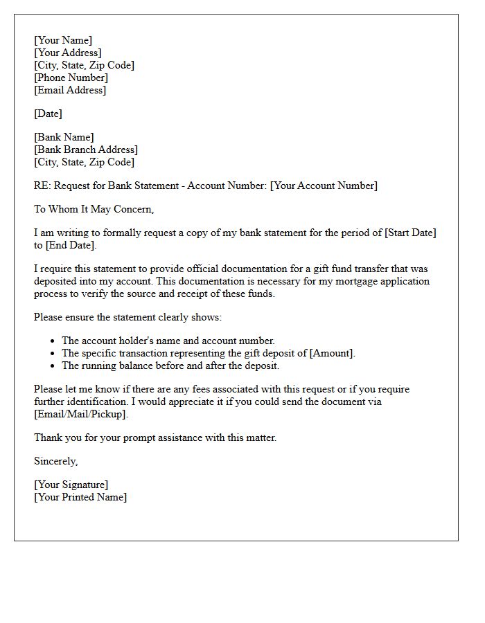 Missing Gift Fund Bank Statement Request Letter