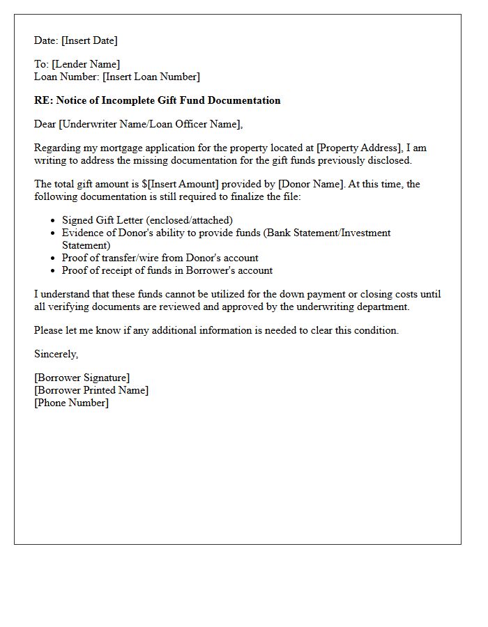 Mortgage Loan Incomplete Gift Fund Documentation Letter