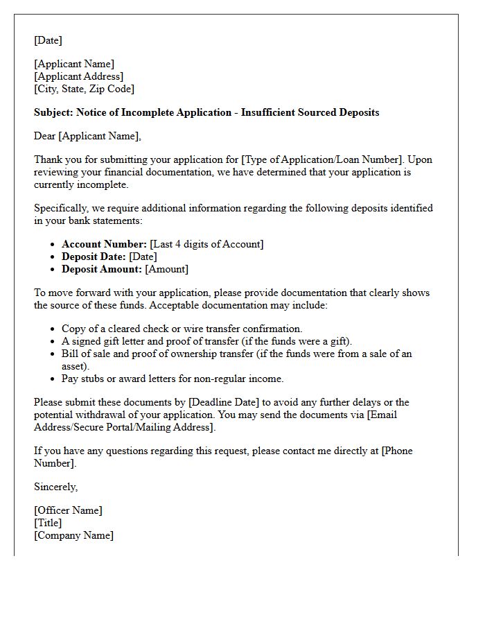 Notice of Incomplete Application Letter for Insufficient Sourced Deposits
