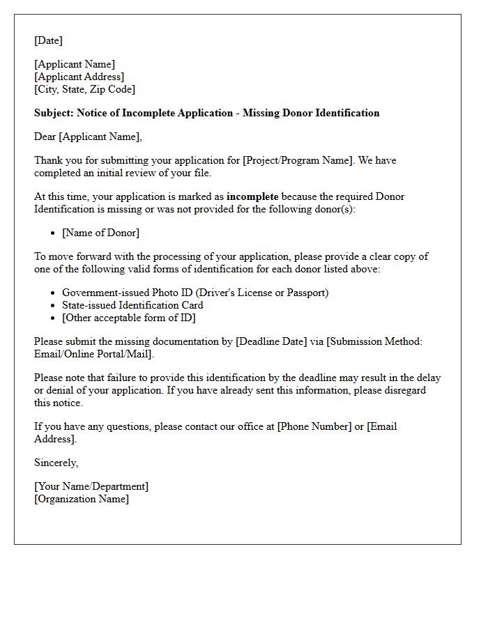 Notice of Incomplete Application Letter for Missing Donor Identification
