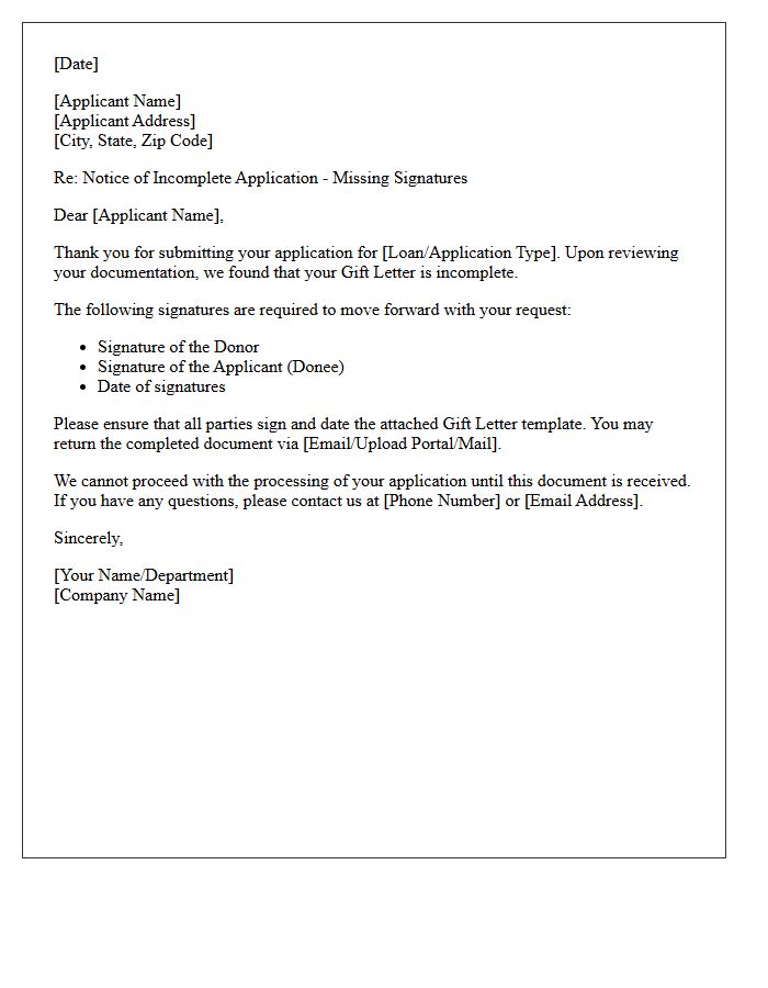 Notice of Incomplete Application Letter for Missing Gift Letter Signatures
