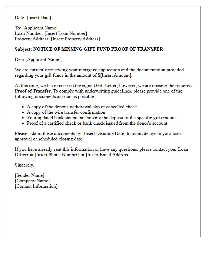 Notice of Missing Gift Fund Proof of Transfer Letter