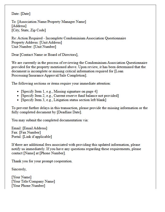 Action Required Letter for Incomplete Condominium Association Questionnaire