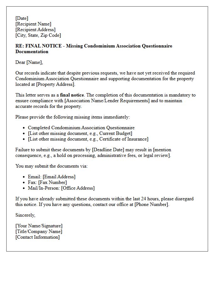 Final Notice Letter for Missing Condominium Association Questionnaire Documentation