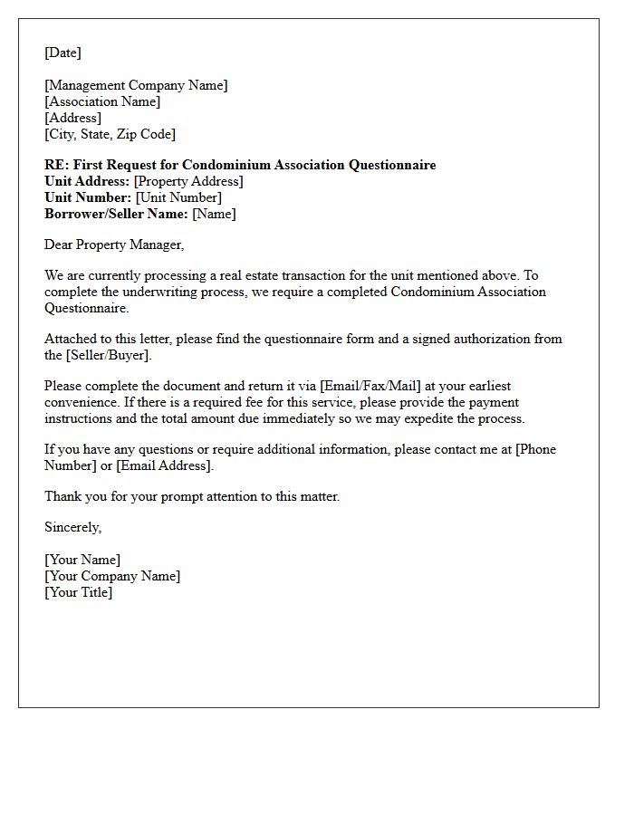 First Request Letter for Missing Condominium Association Questionnaire