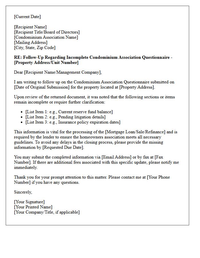 Follow-Up Letter for Incomplete Condominium Association Questionnaire Requirement