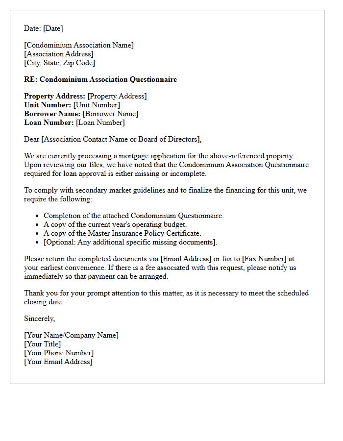 Incomplete Mortgage File Letter Regarding Condominium Association Questionnaire