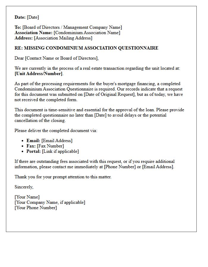Missing Condominium Association Questionnaire Notification Letter