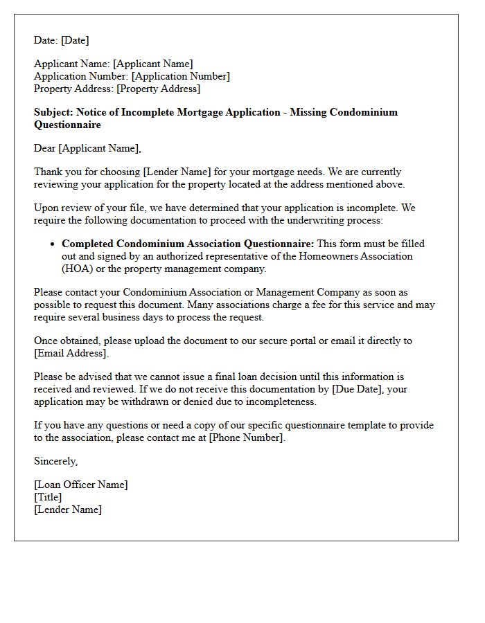 Notice of Incomplete Mortgage Application Letter Regarding Missing Condominium Association Questionnaire
