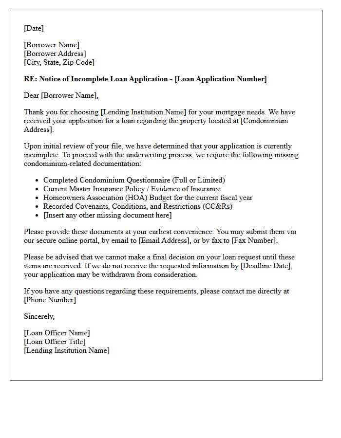 Official Notification Letter of Incomplete Loan Application for Missing Condominium Documents