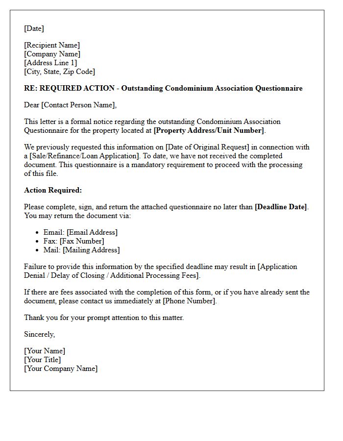 Required Action Letter for Outstanding Condominium Association Questionnaire